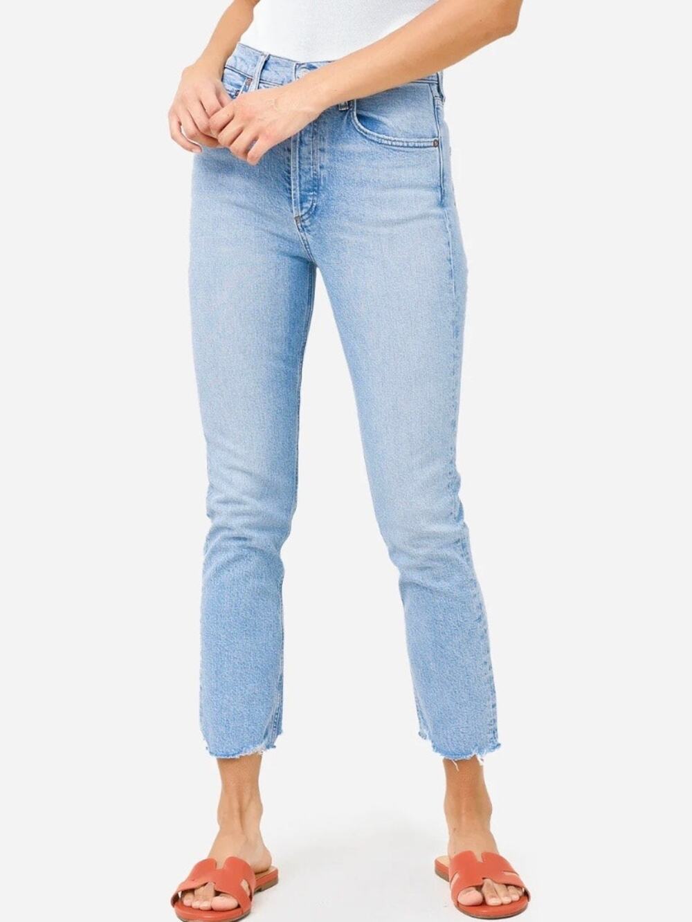 Agolde Riley Crop Button Fly Light Wash Jeans Stretch Cotton 27 Straight High